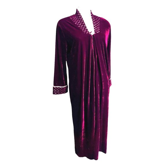 Whispers Vintage Crimson Red Velvet Long Nightgown Robe Sz Small Embroidered Tr - Picture 7 of 14